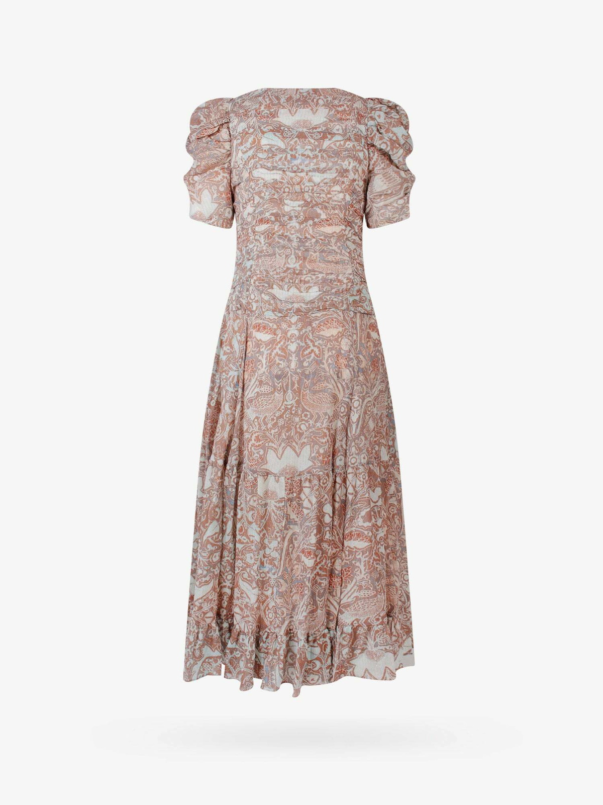 ulla johnson beige dress Ulla Johnson Cara Ruffled Midi Dress Beige Metallic Printed Chiffon Si –  Celebrity Owned main image 0