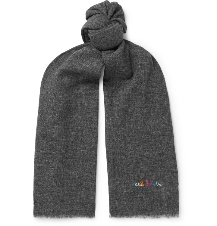 Photo: Paul Smith - Logo-Embroidered Fringed Mélange Wool-Blend Scarf - Gray