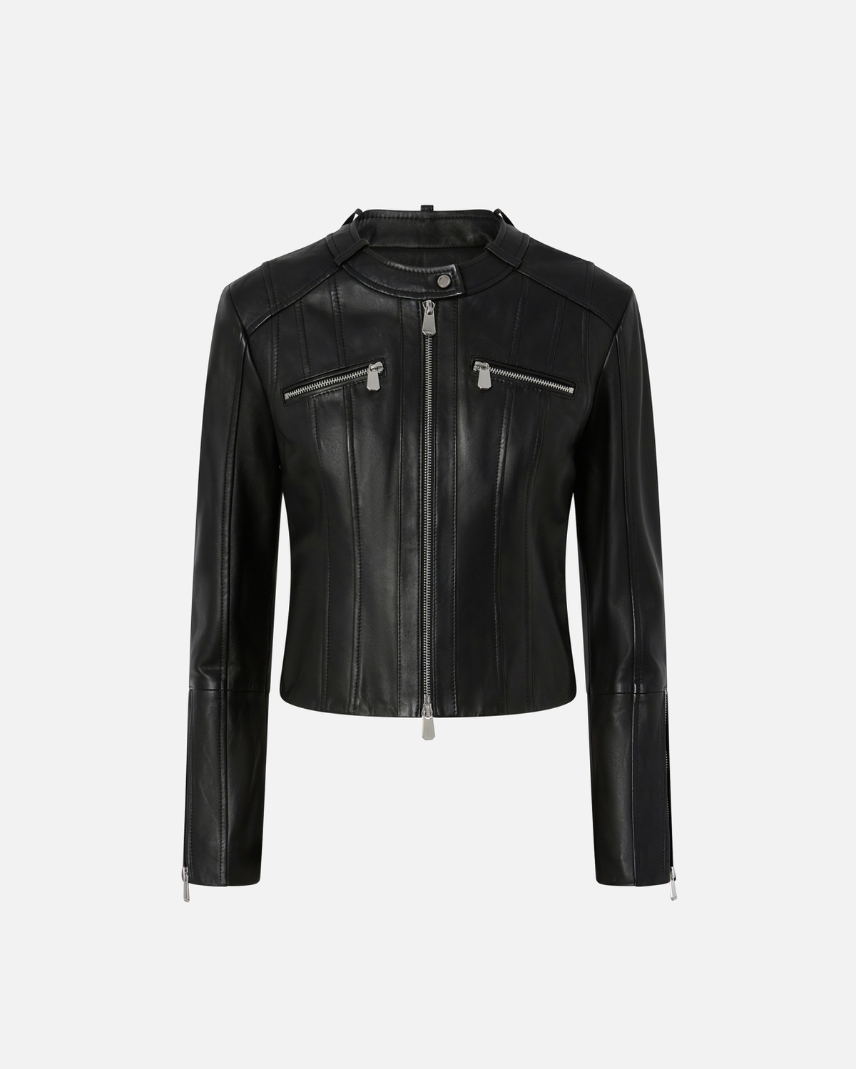 Pinko Nappa Leather Biker Jacket With Vertical Stitching Limo Black