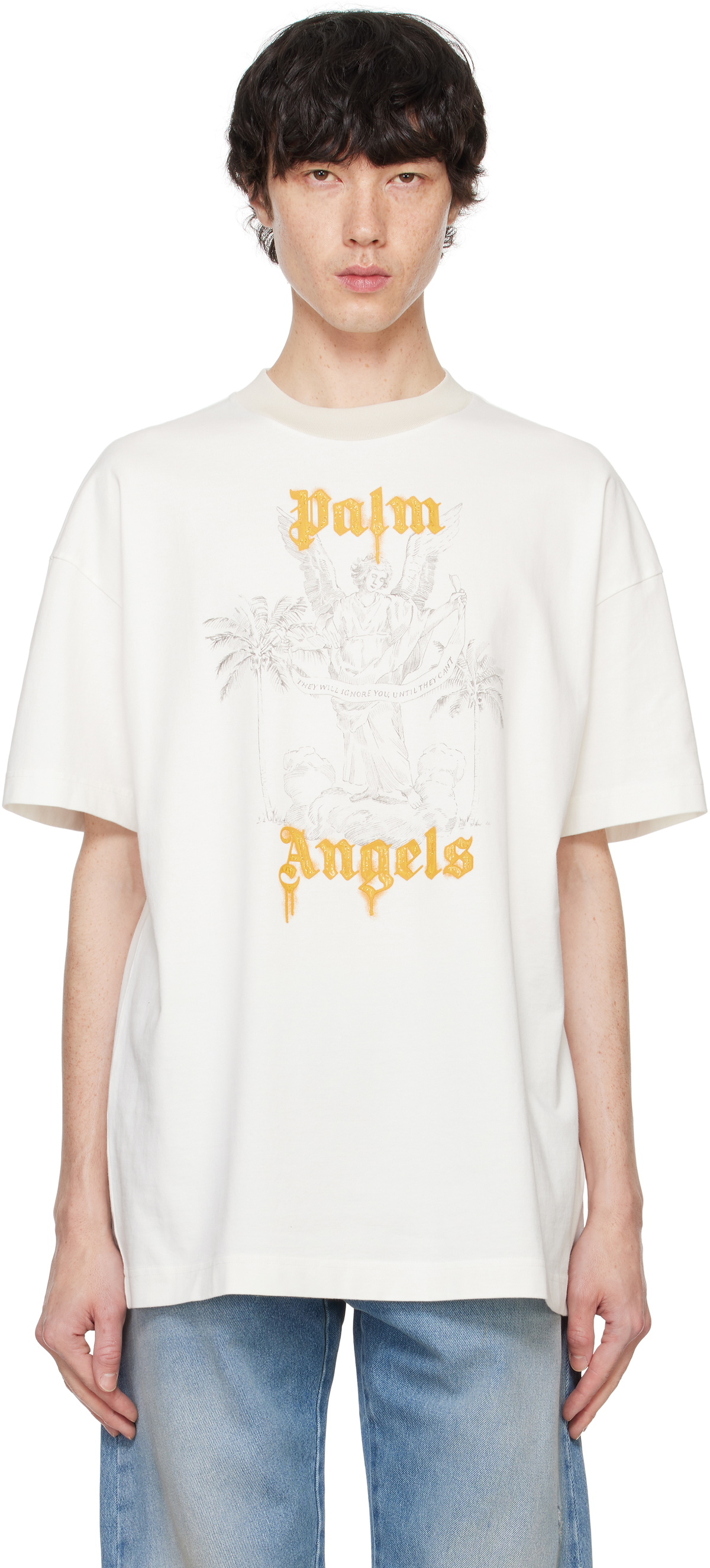 【Palm Angels】Tシャツ - 白 Curved logo Oversize T-shirt in OFF WHITE - BLACK for Men
