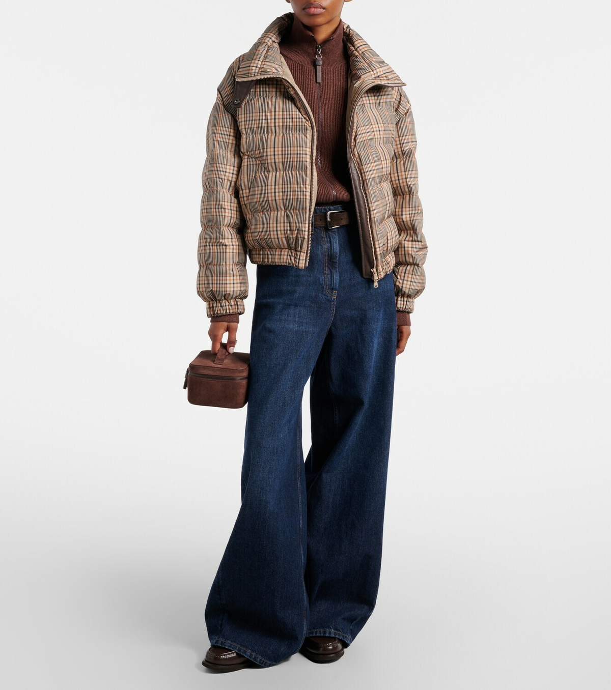 Brunello Cucinelli Checked leather-trimmed down jacket