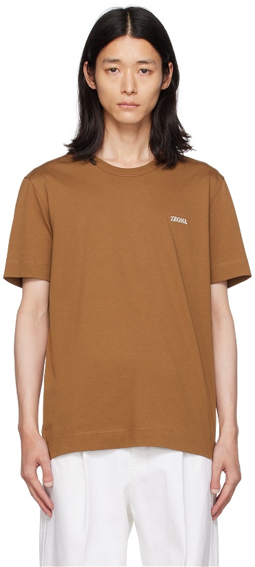 Photo: ZEGNA Brown Embroidered T-Shirt