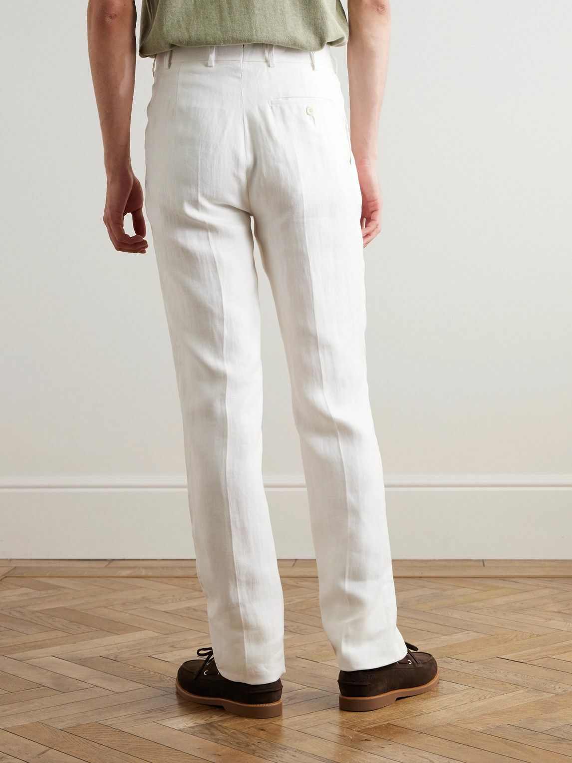 Kingsman - Tapered Pleated Herringbone Linen-Twill Suit Trousers - White