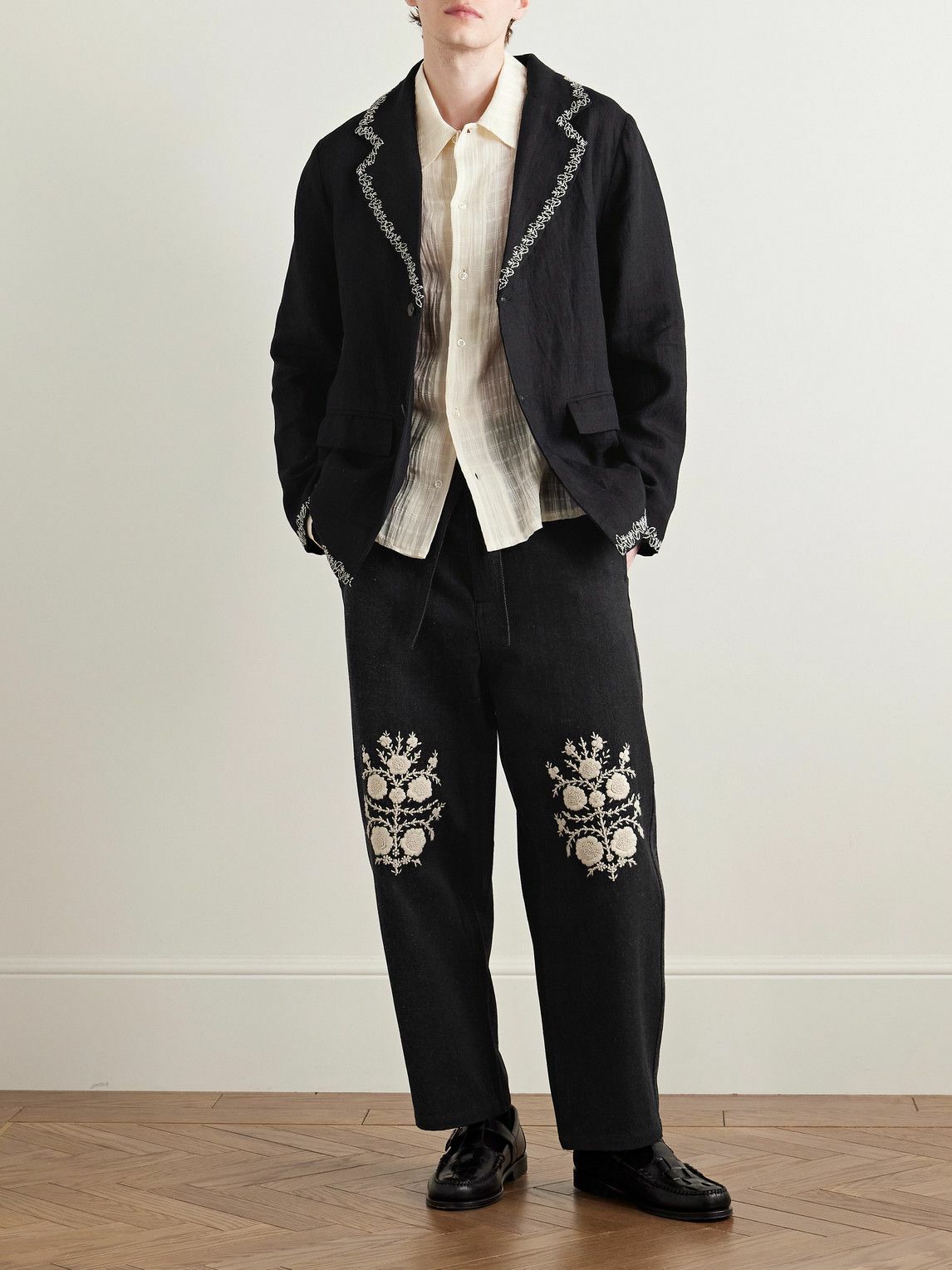 Kartik Research - Fauji Belted Embroidered Cotton-Twill Trousers - Black