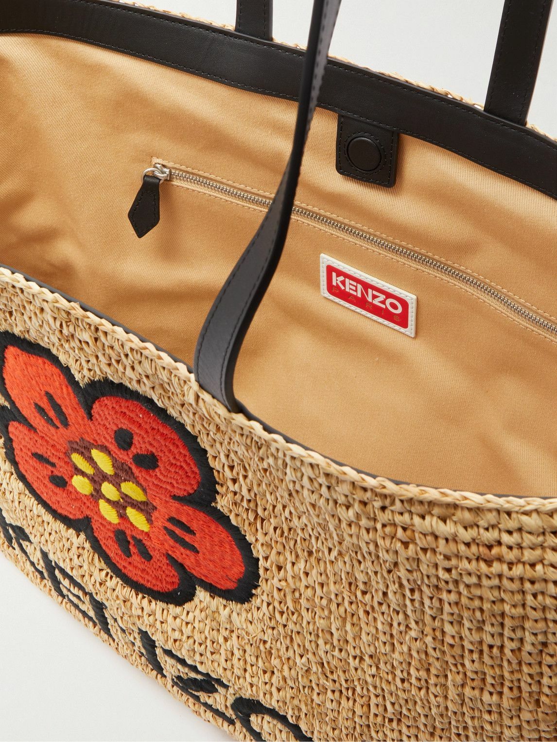 KENZO Large Embroidered LeatherTrimmed Raffia Tote Bag Kenzo