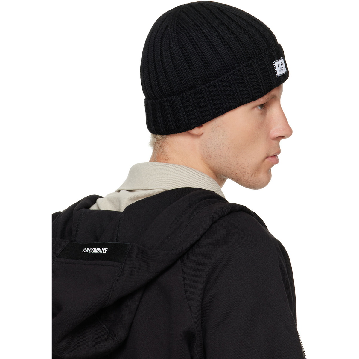C.P. Company Black Extrafine Merino Wool Logo Beanie