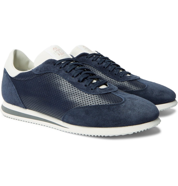 Photo: Brunello Cucinelli - Suede-Trimmed Perforated Leather Sneakers - Blue