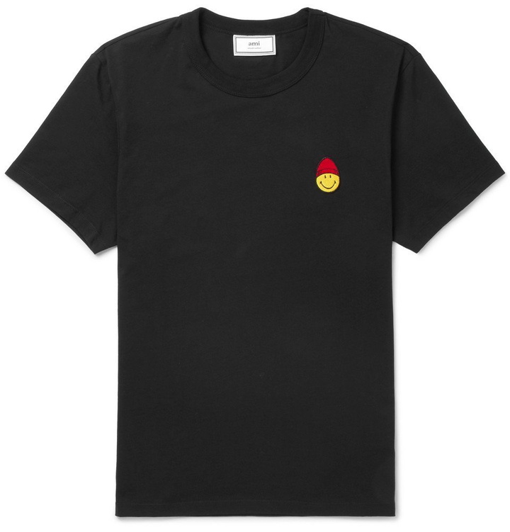 Photo: AMI - The Smiley Company Appliquéd Cotton-Jersey T-Shirt - Men - Black