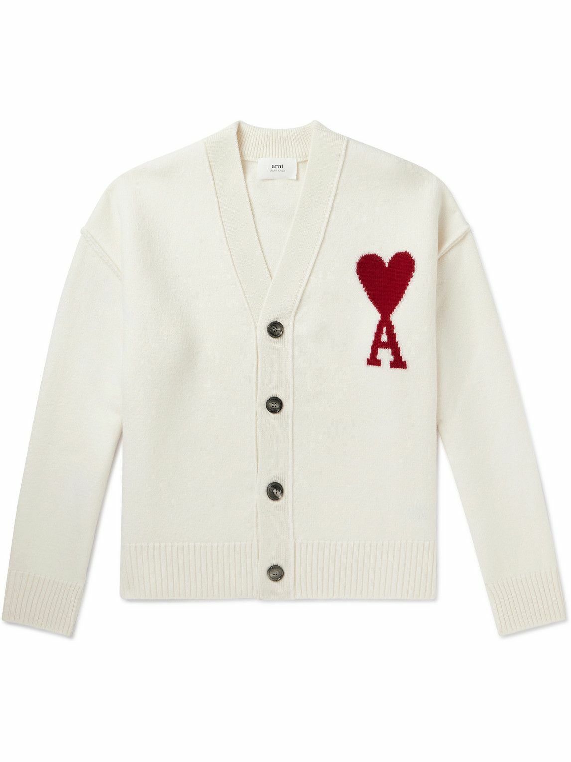 AMI PARIS - Logo-Intarsia Merino Wool Cardigan - Neutrals