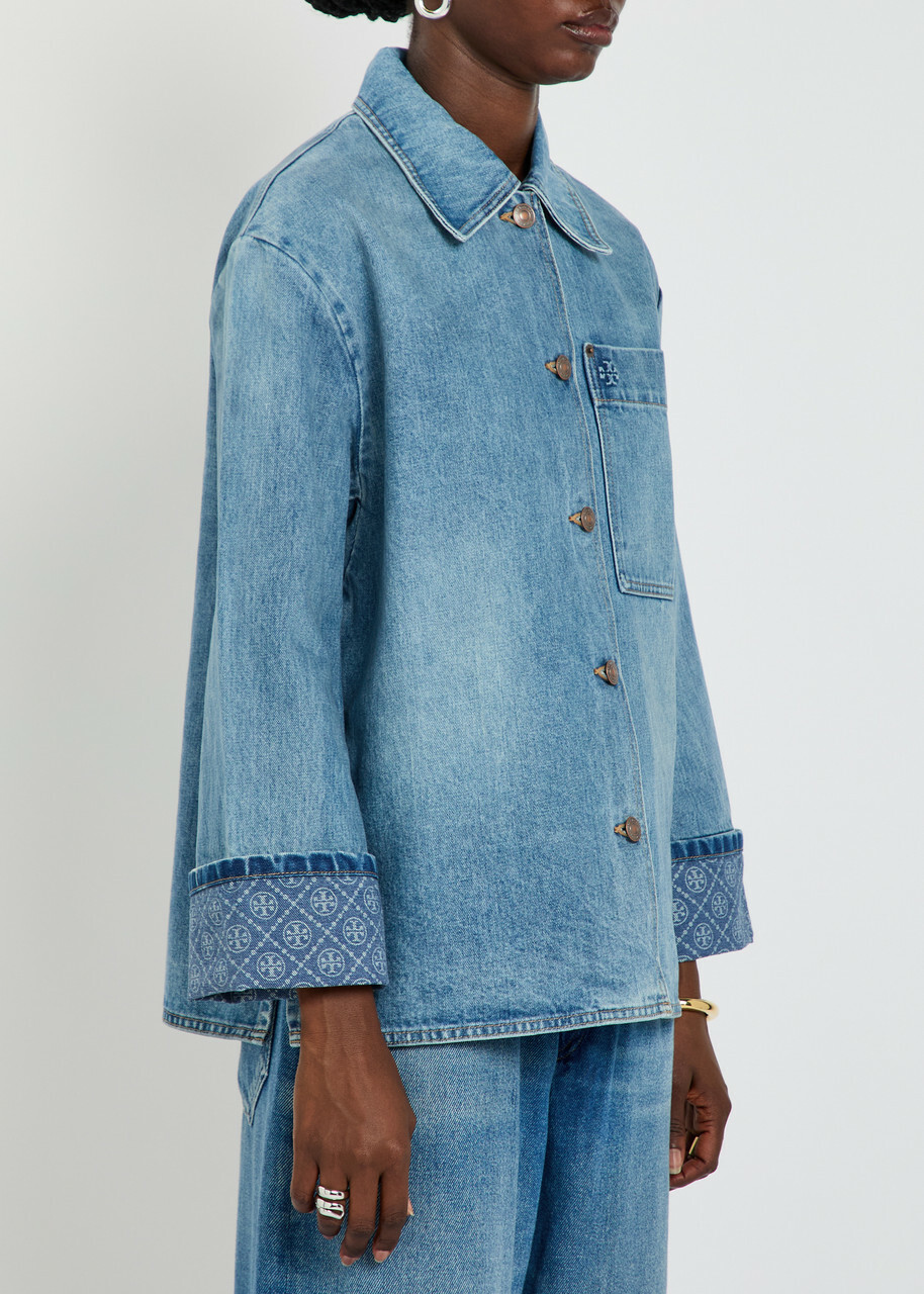 Tory Burch Logo Washed Denim Barn Jacket Blue