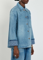Tory Burch Logo Washed Denim Barn Jacket Blue