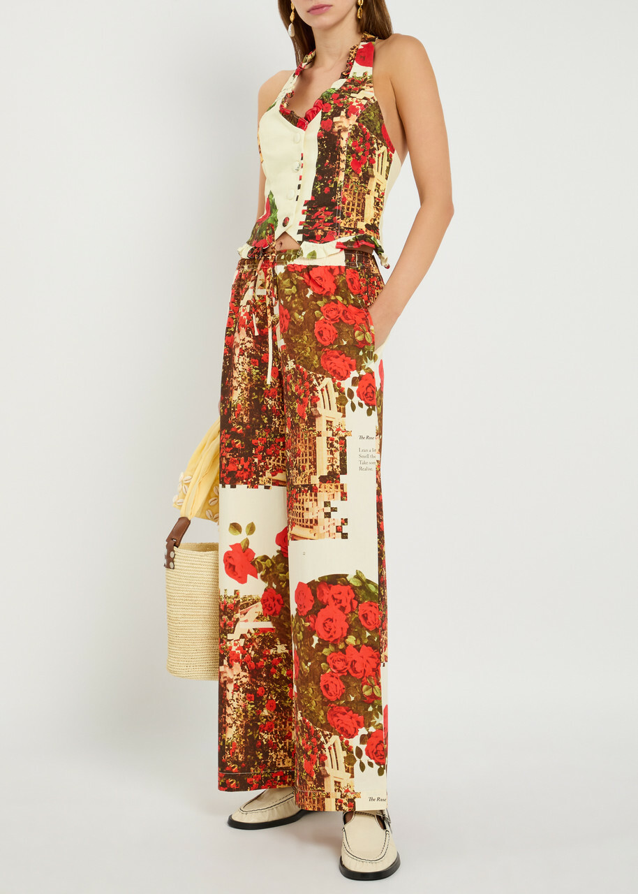 House OF Sunny The Rose Garden Printed Cotton-poplin Trousers White