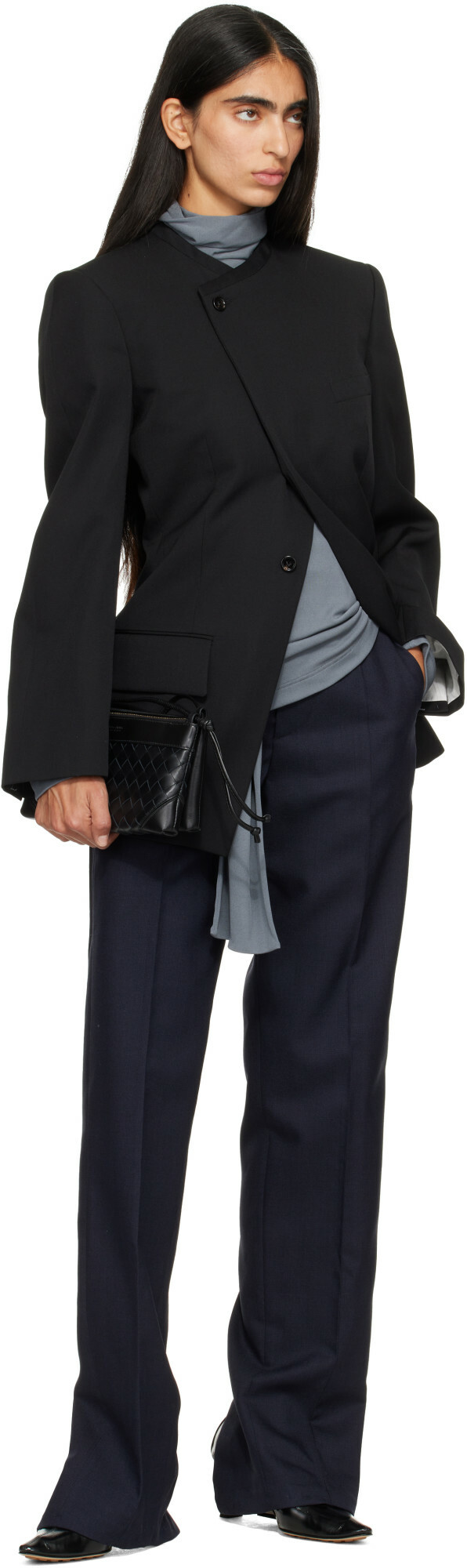 Bottega Veneta Black Wool Grain De Poudre Collarless Blazer