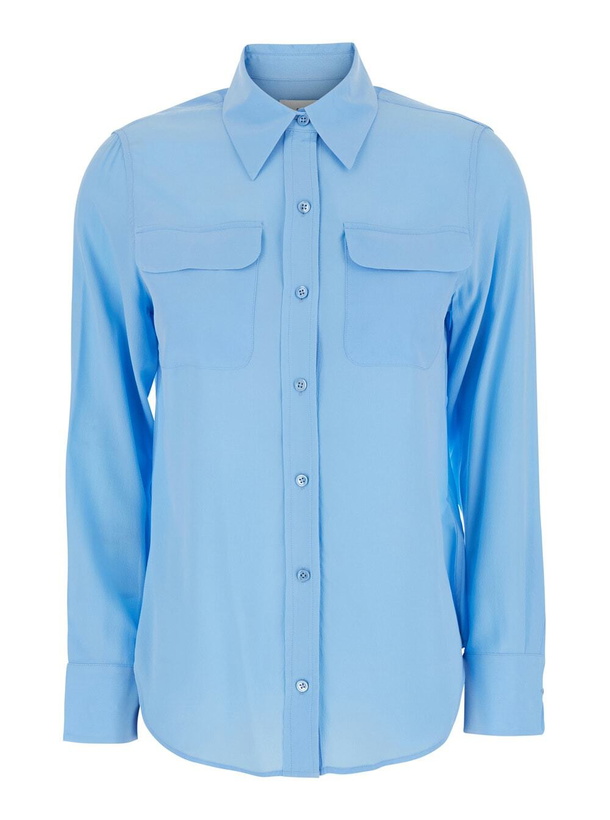 Photo: Equipment Light Blue Shirt With Patch Pockets On The Chest In Silk Woman