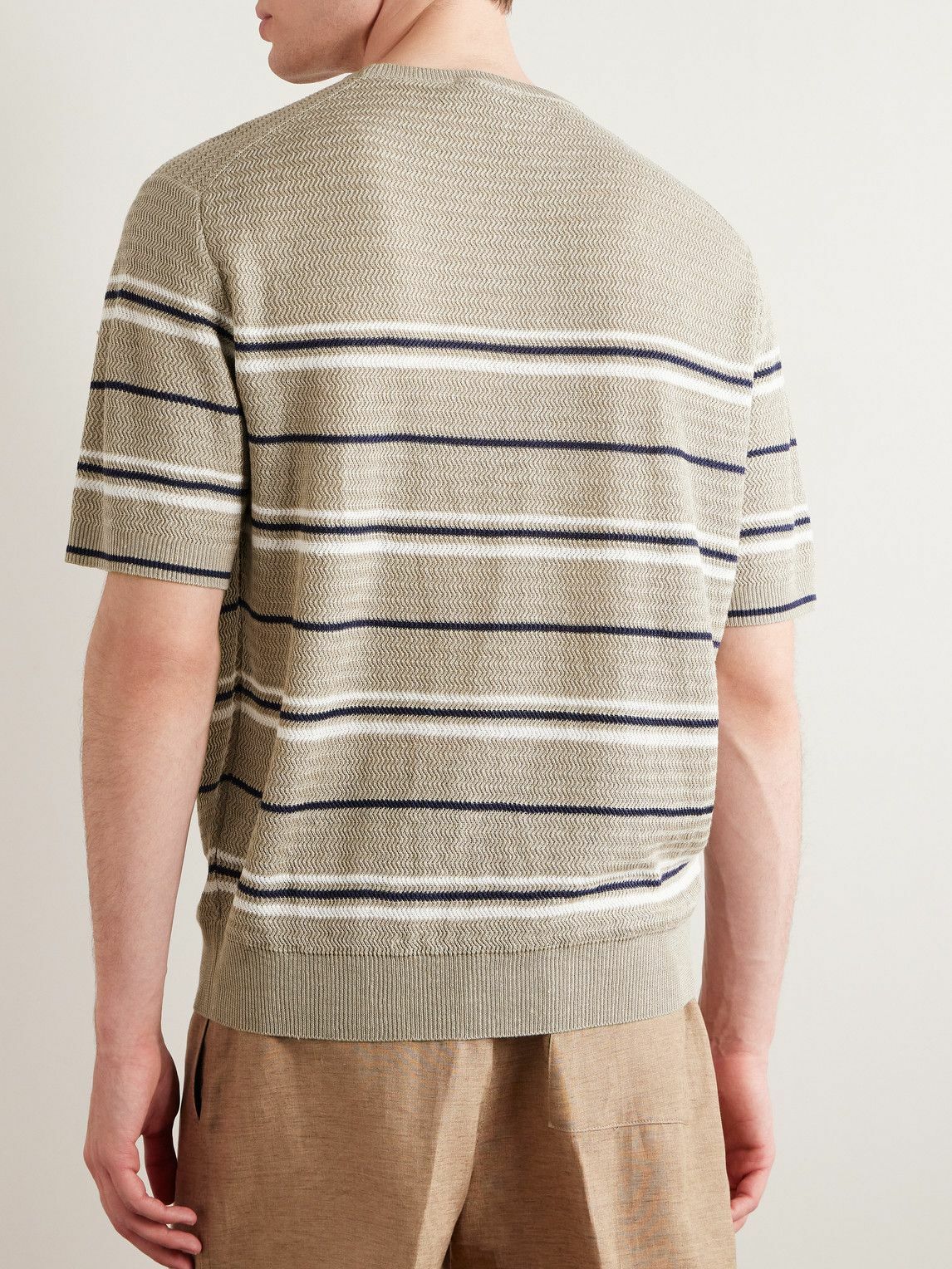 ◆LORO PIANA ストライプ ヘリンボーン リネン T シャツ Loro Piana - Striped Herringbone Linen T-Shirt - Neutrals