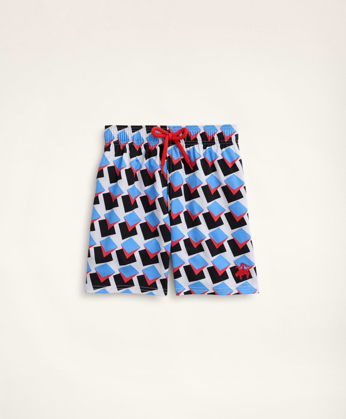 Photo: Brooks Brothers Boys Et Vilebrequin Swim Trunks in the Square Pegs Print | Blue