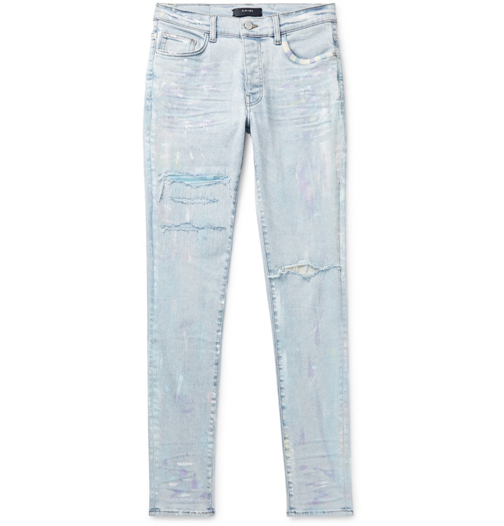 Photo: AMIRI - Distressed Paint-Splattered Stretch-Denim Jeans - Blue