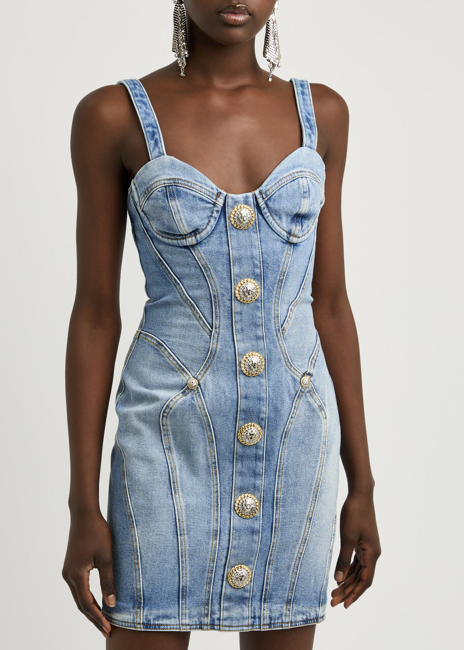 BALMAIN ホタンティテルフリンシヘムミニスカト 【関税込】 Balmain Embellished Denim Mini Dress - Runway Catalog