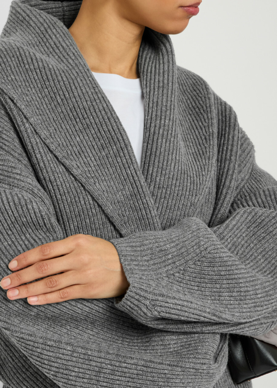Toteme Shawl Lapel Ribbed Wool-blend Cardigan Grey