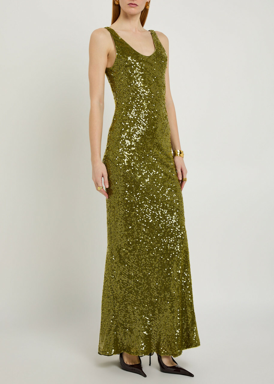 Galvan Moonlight Valletta Sequin-embellished Chiffon Gown Green