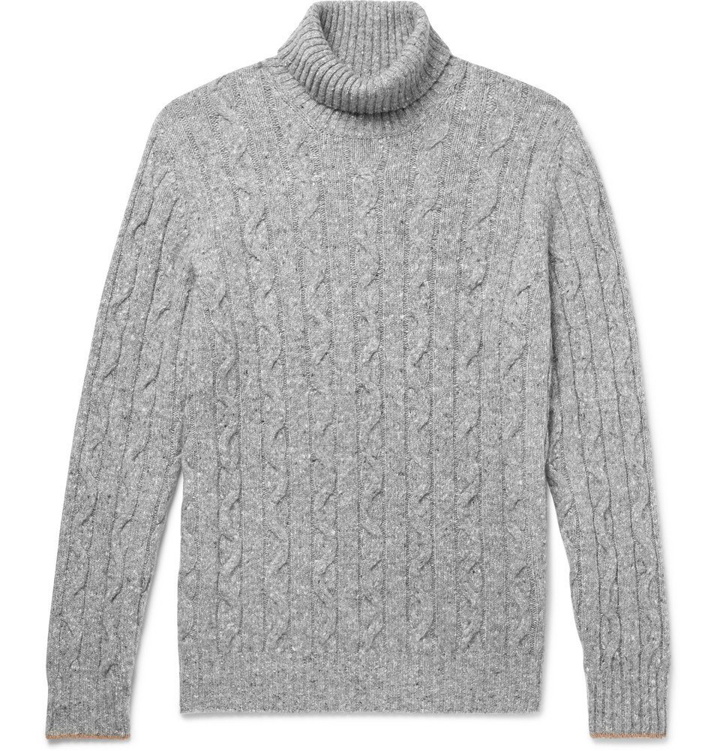 Photo: Brunello Cucinelli - Contrast-Tipped Mélange Cable-Knit Rollneck Sweater - Men - Gray