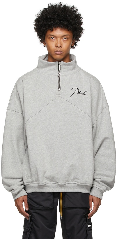 Photo: Rhude Grey Embroidered Quarter-Zip Sweater