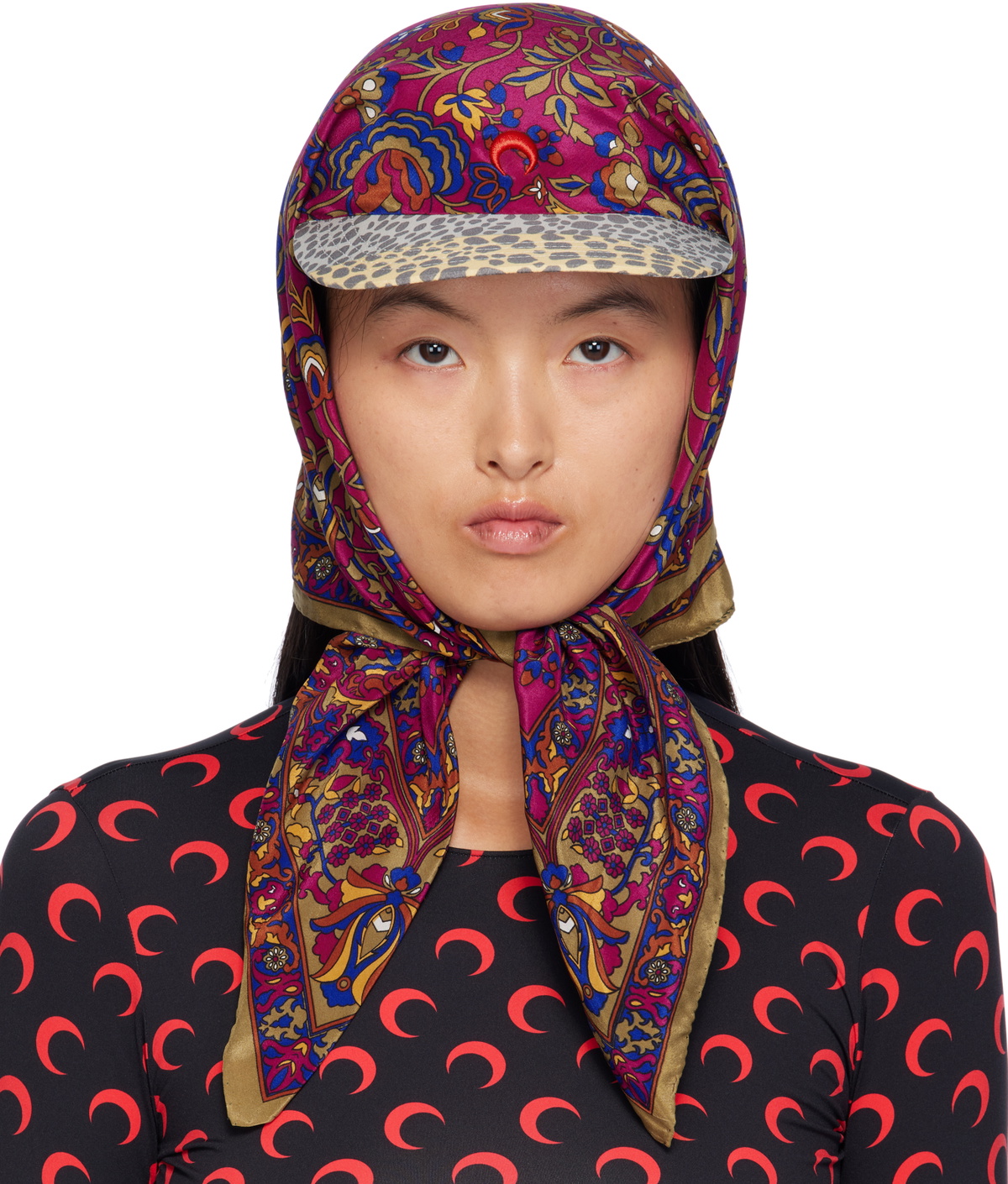 Marine Serre Multicolor Upcycled Silk Scarves Veiled Cap Marine Serre