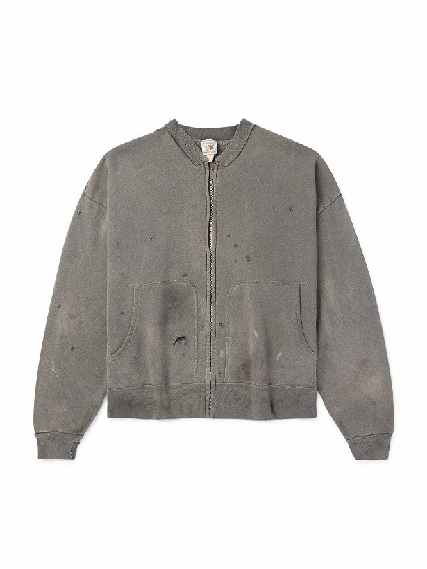 Photo: SAINT Mxxxxxx - Distressed Cotton-Jersey Bomber Jacket - Gray