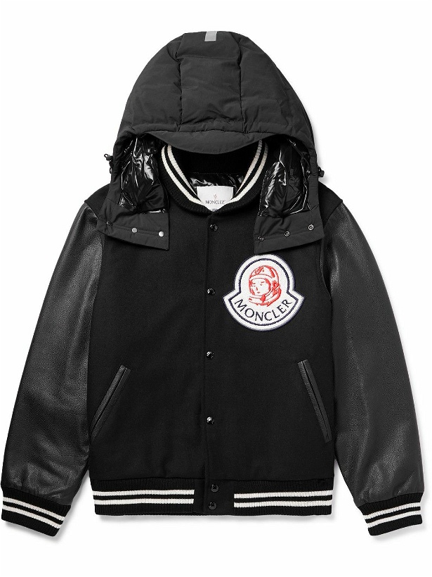 Photo: Moncler Genius - Billionare Boys Club Leather-Trimmed Logo-Appliquéd Embroidered Wool-Blend Hooded Bomber Jacket - Black