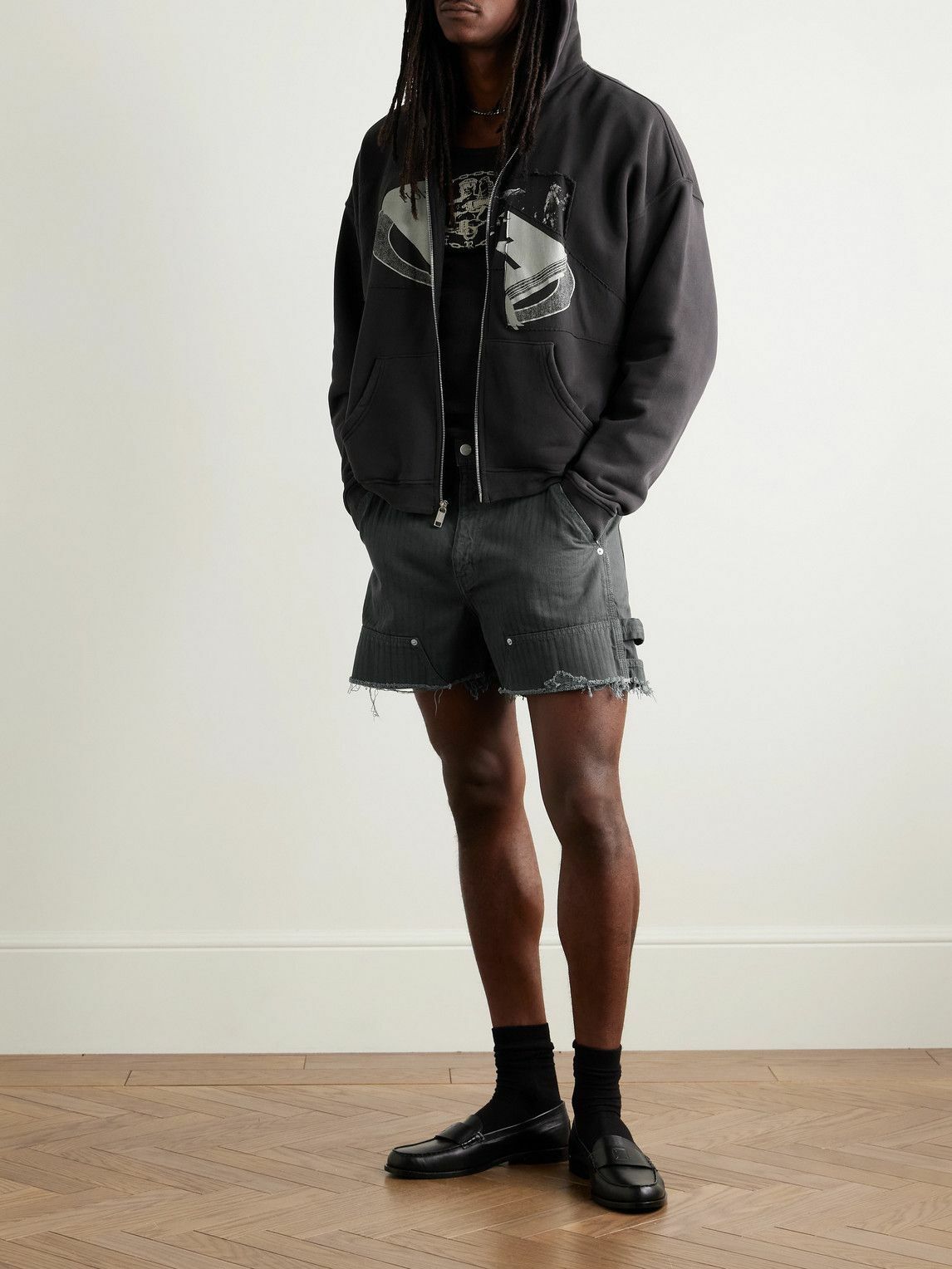 Enfants Riches Déprimés - Slim-Fit Distressed Herringbone Denim Shorts - Black