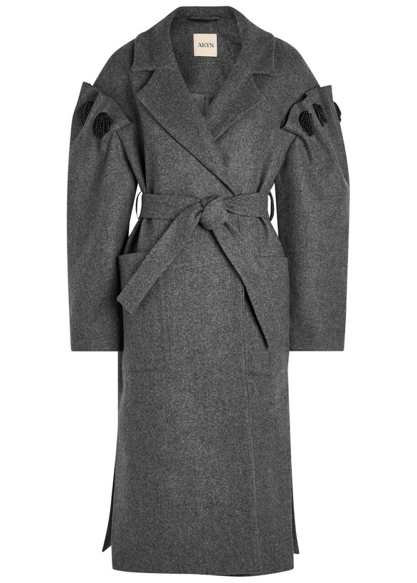 Photo: Akyn Zaria Bead-embellished Belted Wool Coat Grey