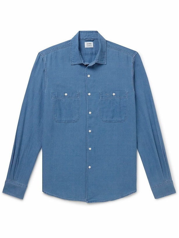 Photo: Aspesi - Slim-Fit Herringbone Cotton Shirt - Blue