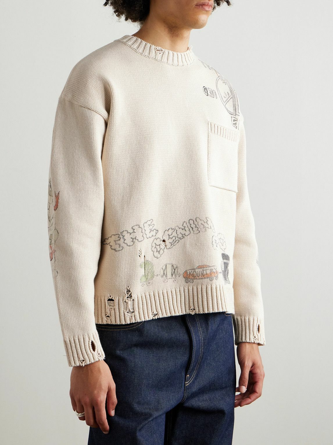 KAPITAL - Distressed Printed Cotton Sweater - Neutrals