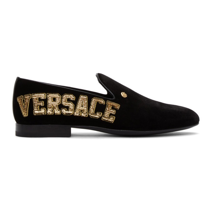 Photo: Versace Black Velvet Logo Loafers