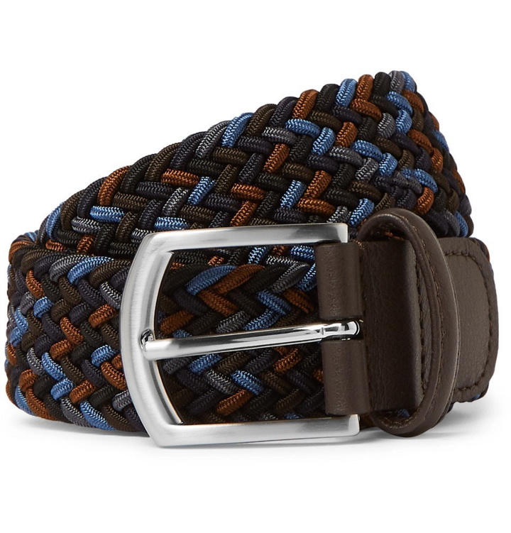 Photo: Anderson's - 3.5cm Navy Leather-Trimmed Woven Elastic Belt - Navy