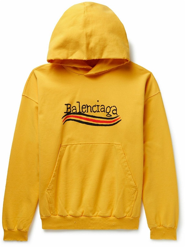 Photo: Balenciaga - Distressed Logo-Print Cotton-Jersey Hoodie - Yellow