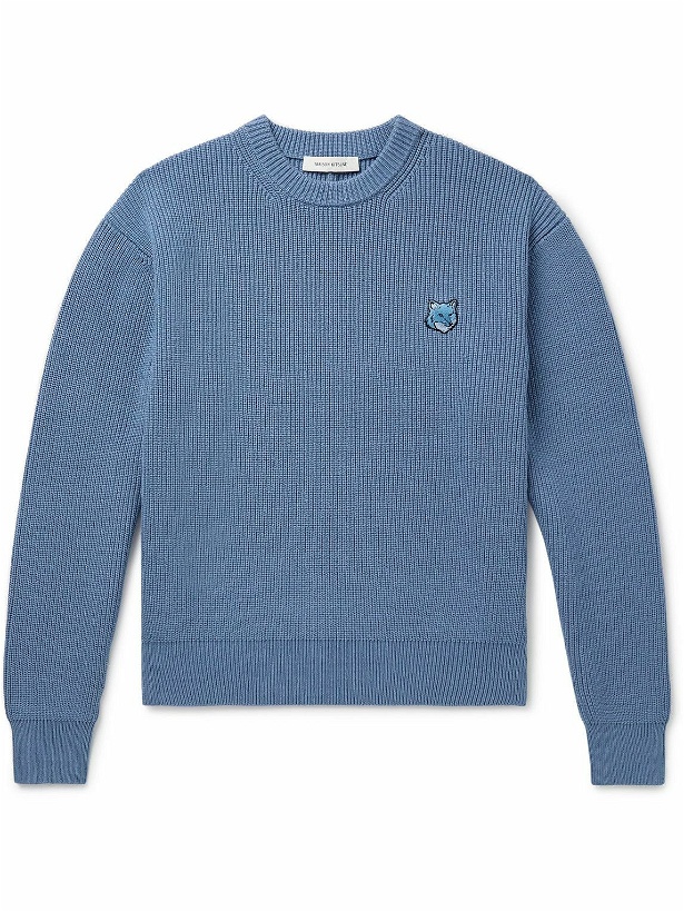 Photo: Maison Kitsuné - Logo-Appliquéd Ribbed Cotton-Blend Sweater - Blue