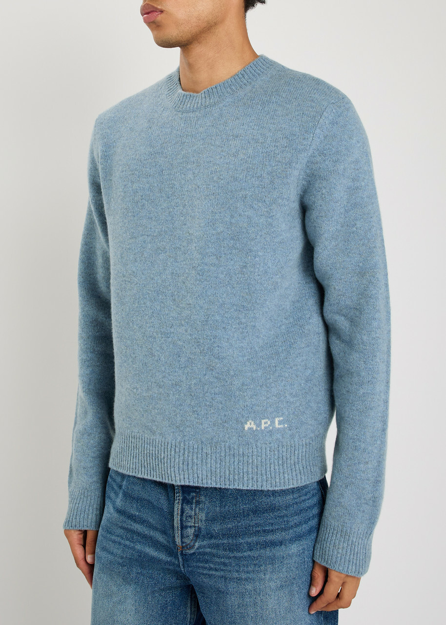 A.P.C. Logo-intarsia Mélange-knit Jumper Blue
