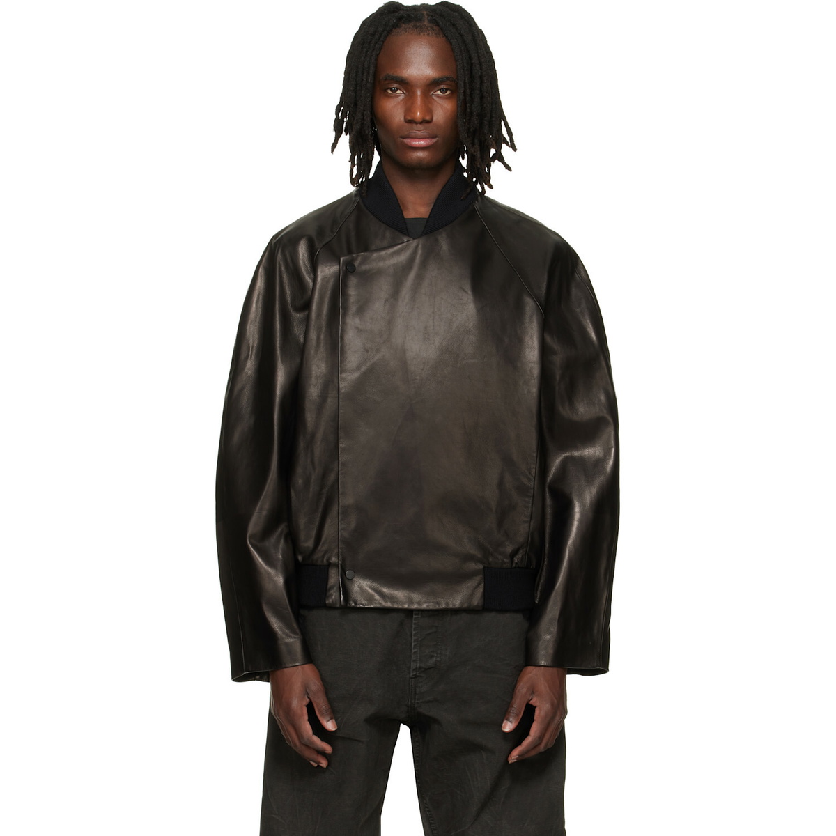 Fear of God Black Leather Raglan Bomber Jacket