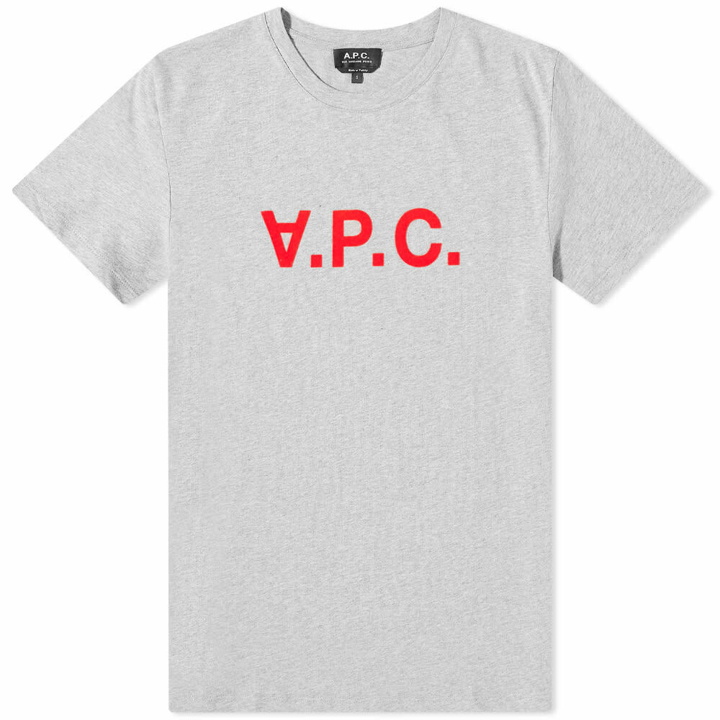 Photo: A.P.C. Men's VPC Neon Logo T-Shirt in Light Grey Heather/Red