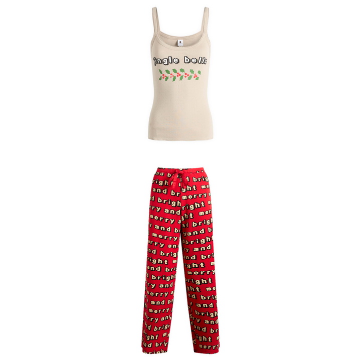 Photo: SKIMS Women's x CPFM Tank Top & Modal Waffle Pant Sleep Set in Stone Jingle Bells