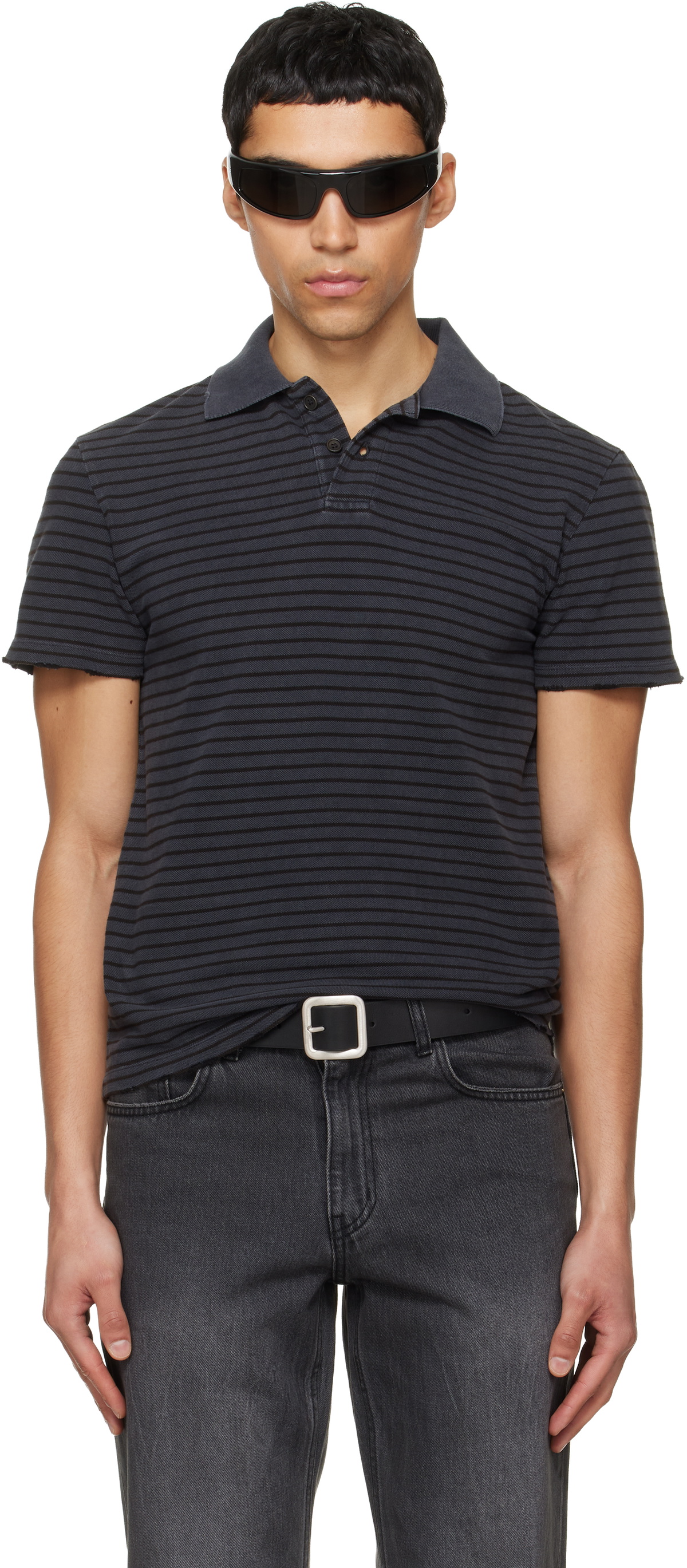 TONYWACK Black Garment Dyed Stripe Pique Polo