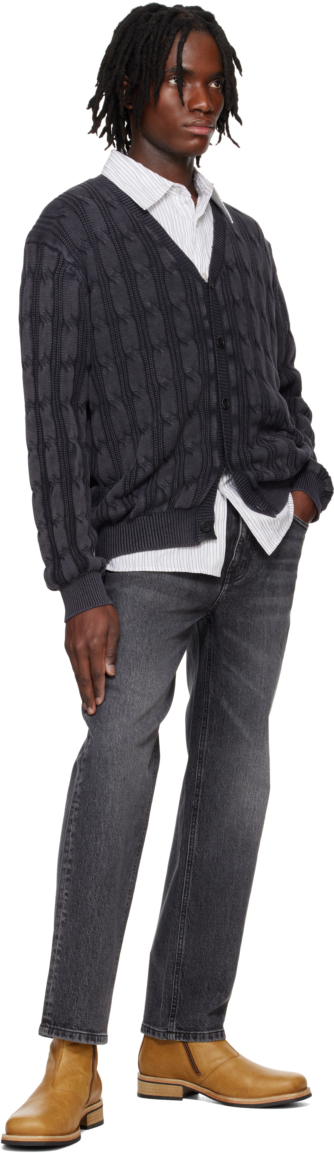 Solid Homme Gray V-Neck Washed Cardigan