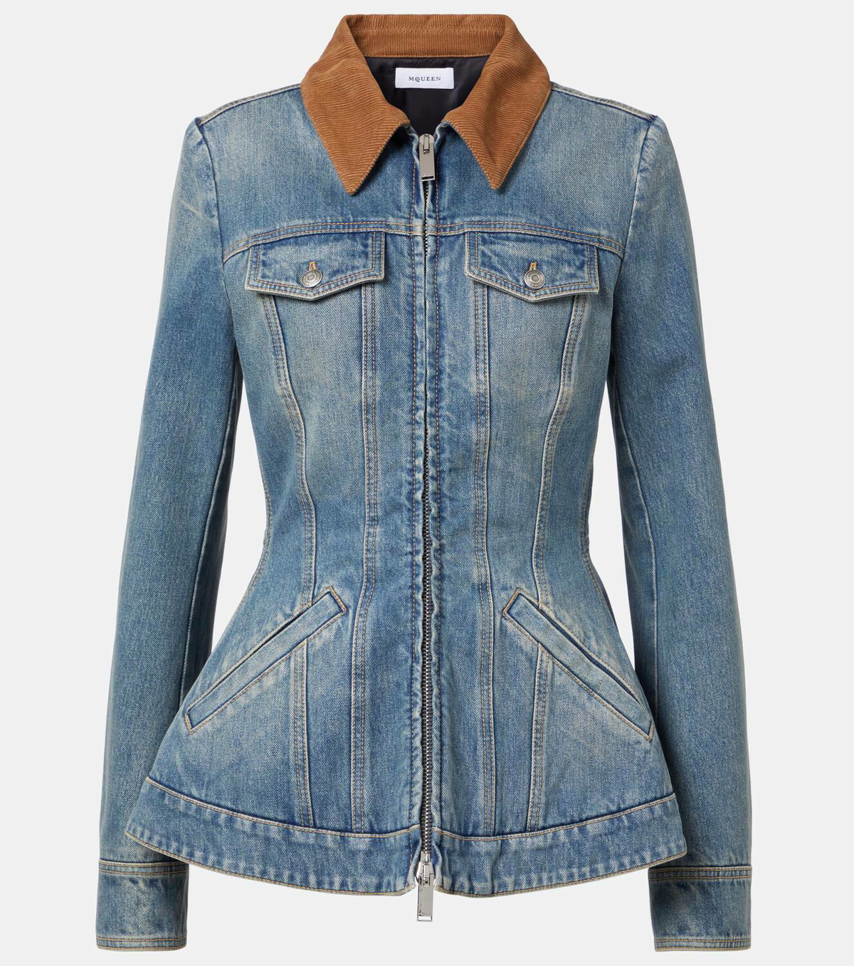 Alexander McQueen Peplum corduroy-trimmed denim jacket