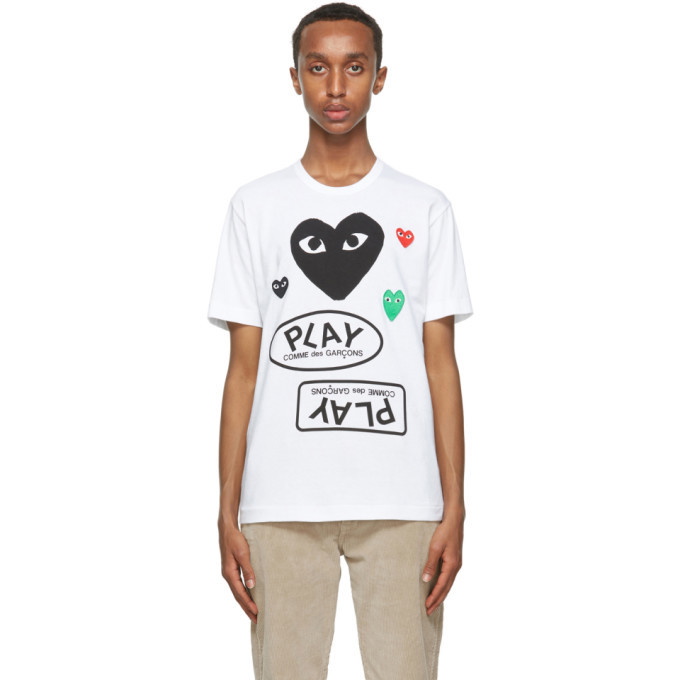 Photo: Comme des Garcons Play White and Black Multi Logo T-Shirt