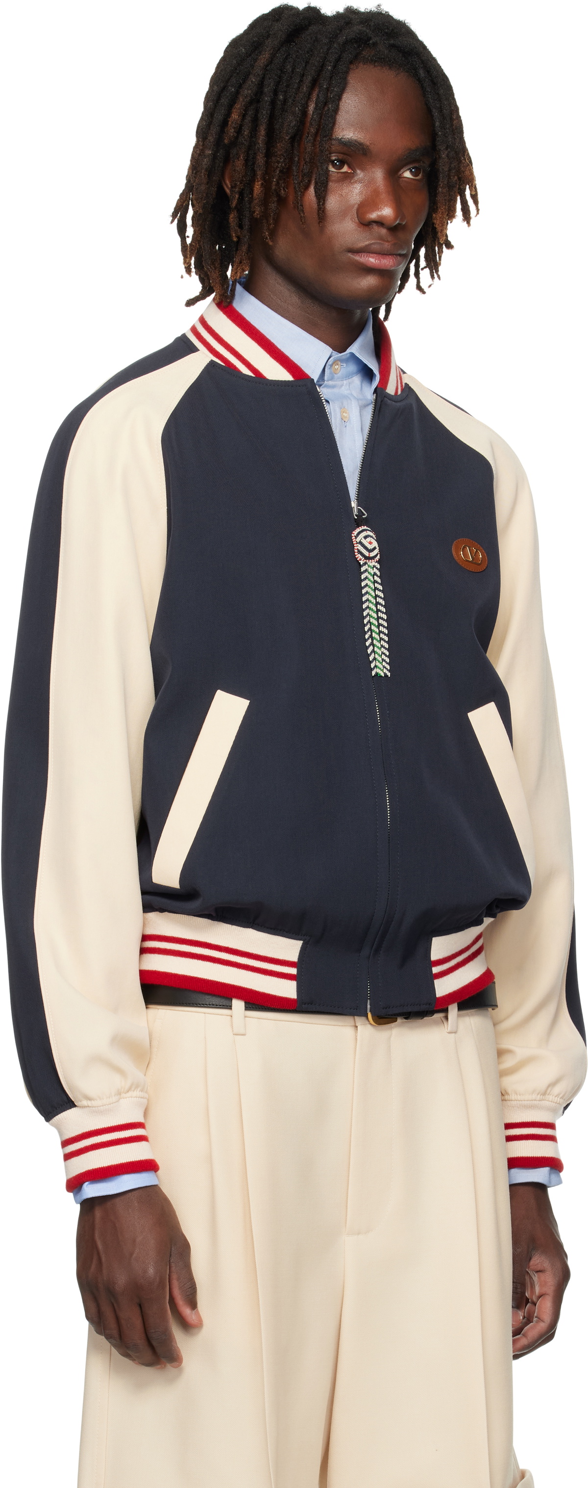 Valentino Navy & Beige 'Le Chat De La Maison' Patch Bomber Jacket