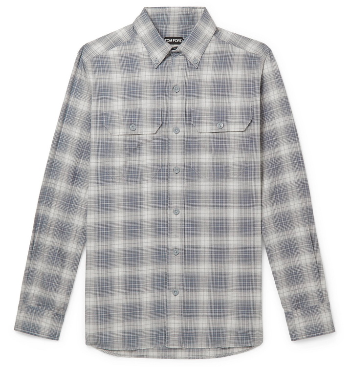 Photo: TOM FORD - Slim-Fit Button-Down Collar Checked Cotton Shirt - Gray