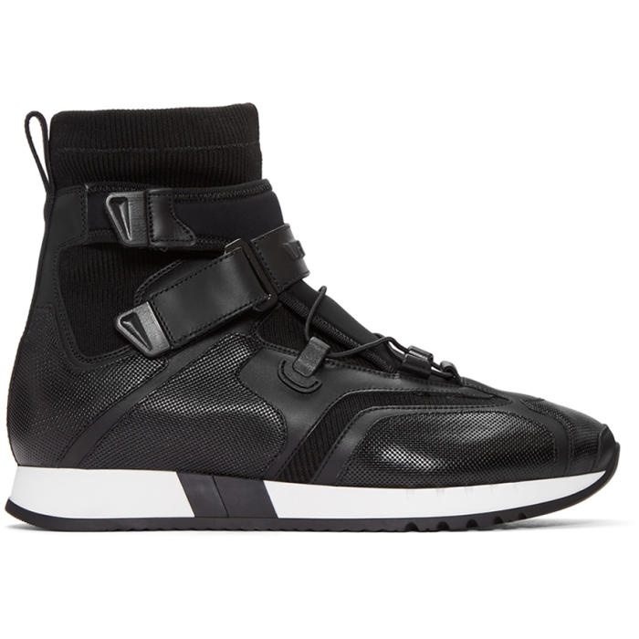 Photo: Versace Black Leather and Neoprene High-Top Sneakers
