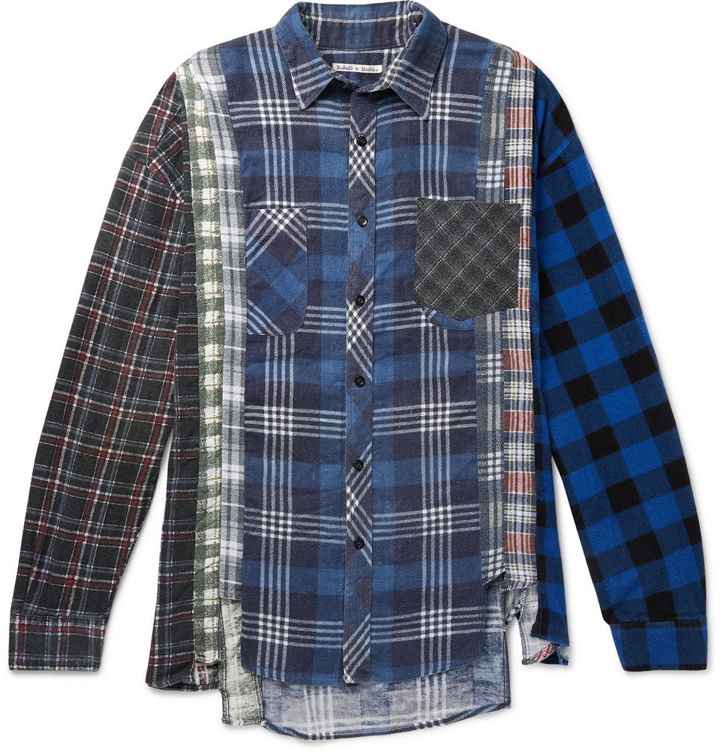 Photo: Needles - 7 Cuts Distressed Patchwork Checked Cotton-Flannel Shirt - Navy