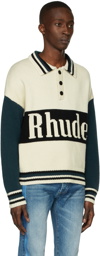 Rhude Off-White & Green Knit Logo Rugby Polo